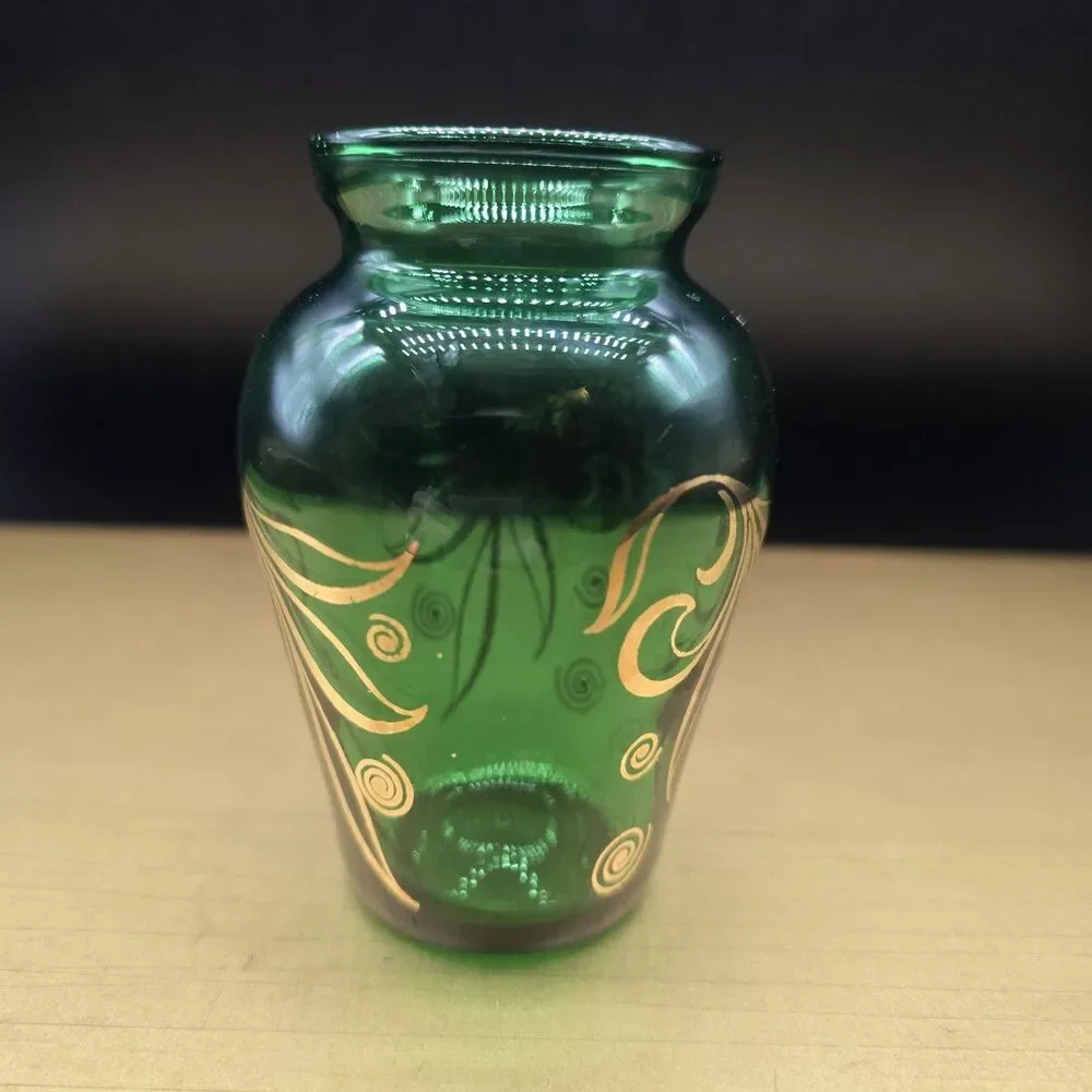VTG Forest Green Depression Glass Vase Embellished w Gold Gilt Leaves 3.5